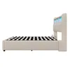 Side view of a bed frame with a checkered mattress base and LED lights in the headboard. Podgląd zdjęcia produktu