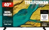 A TELEFUNKEN 40-inch non-smart Full HD LED TV is displayed with a scenic background image on its screen. Promotional text and logos are overlaid on the image. Produktbild-Vorschau