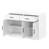 A white kitchen island with a marble-like countertop and white cabinet doors and drawers, shown from a three-quarter angle. Náhled obrázku produktu