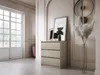 A dresser with three drawers is placed in a hallway next to a large window and a decorative vase with dried flowers. Voir les images du produit