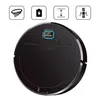 A black robot vacuum cleaner is shown from a top-down perspective against a white background. Above the vacuum are four icons representing features. Produktbild-Vorschau