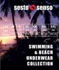 A size chart for Sesto Senso swimwear displayed over a tropical beach sunset background. Produktbild-Vorschau