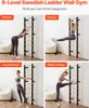 A collage of four images showing different exercises performed on a Swedish ladder wall gym. Produktbild-Vorschau