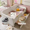 A child's bed with pull-out drawers, surrounded by illustrative details about its materials and features. Podgląd zdjęcia produktu