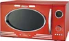 A red retro-style microwave oven is shown from the front. Produktbild-Vorschau