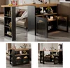 A collage of images showing a bar table with storage, set up in a living room environment. Náhled obrázku produktu