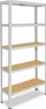A freestanding, five-tier shelving unit with a light gray metal frame and light brown shelves, presented against a white background. Náhled obrázku produktu