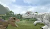Two Lego dinosaurs, a brown Tyrannosaurus Rex and a white Indominus Rex, face each other in a grassy field with jungle foliage and mountains in the background. Produktbild-Vorschau