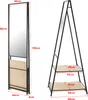 Two views of a folding mirror with shelves, one folded and one open, with dimensions indicated. Podgląd zdjęcia produktu