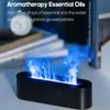 A close-up shot of a black aromatherapy diffuser emitting blue "flame"-like vapor, with text overlay describing its use. Podgląd zdjęcia produktu