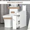 A white bathroom storage unit is shown next to a toilet, with labels pointing out its features. Voir les images du produit