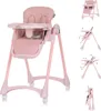 A pink high chair is shown from multiple angles, including its folded state and adjustable features. Produktbild-Vorschau