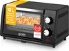 A black mini oven with baked goods inside, presented on a white background with marketing labels. Voir les images du produit
