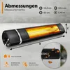 A black infrared heater with glowing orange heating elements, shown with measurement indicators and feature icons. Náhľad obrázku produktu