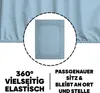 A close-up of a light blue fitted sheet, with text overlays highlighting its features. Produktbild-Vorschau