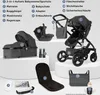 A collage of various components and accessories for a baby stroller system, displayed on a light gray and white background. Produktbild-Vorschau