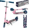 A collage of images showing a pink scooter with unicorn designs, its packaging, and a reusable shopping bag with the same design. Produktbild-Vorschau