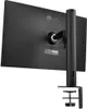 The back of a black LG monitor mounted on a black adjustable arm clamp stand, shown against a white background. Produktbild-Vorschau