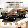 A set of cookware is displayed on a stovetop, with text overlays highlighting features. Produktbild-Vorschau
