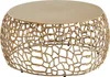 A round coffee table with a gold, intricate, organic base and a smooth, gold top. Produktbild-Vorschau
