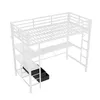 A white metal loft bed with a desk and shelves underneath, shown against a white background. Podgląd zdjęcia produktu