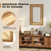 A mirror with a rattan frame is displayed on a wall above a wooden cabinet, with close-up insets highlighting the rattan and wood details. Podgląd zdjęcia produktu