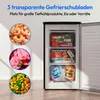 A freezer with its door open, showing three transparent drawers filled with frozen food items. Three circular insets on the left show close-ups of shrimp, ice cream, and mixed vegetables. Produktbild-Vorschau