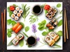 A flat lay of sushi and herbs on a white surface with a dark textured background. Náhľad obrázku produktu