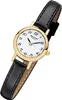 A close-up studio shot of a women's wristwatch with a black leather strap and a gold-colored case. Produktbild-Vorschau
