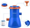 A collage of images showing a blue and orange pool filter pump with various components highlighted by lines. Produktbild-Vorschau
