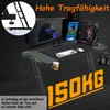 A gaming desk setup with monitors, a computer, keyboard, mouse, and headphones, with promotional text and graphics highlighting its load capacity. Produktbild-Vorschau