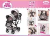 A collage of images showcasing a twin doll stroller and its accessories, with a pink and white background. Produktbild-Vorschau