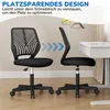 Two black office chairs are shown, one from the front and one from the side, next to a white desk. Blue arrows indicate the chairs can be stored under the desk. Podgląd zdjęcia produktu