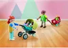 A Playmobil family scene with a mother pushing a stroller with two babies, and a child pulling a wagon with another baby. Produktbild-Vorschau