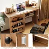 A wooden folding desk with shelves, a laptop, and a chair in a room. Produktbild-Vorschau