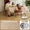 A family is having a meal at a dining table, with a robot vacuum cleaner in the foreground and a list of compatible models and product details below. Produktbild-Vorschau