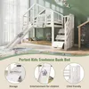 A white treehouse-style bunk bed with a slide and stairs, set in a child's room with a colorful rug and a chalkboard easel in the background. The image is divided into three sections with text labels highlighting storage, entertainment, and child-friendly  Náhled obrázku produktu