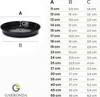 A size chart for plant saucers with a diagram of a saucer and a table of dimensions. Produktbild-Vorschau