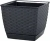A dark gray square planter with a woven texture sits on a matching saucer. Produktbild-Vorschau
