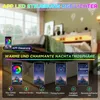 A bedroom scene with a bed and a smartphone displaying app controls for LED lights. Produktbild-Vorschau