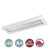 A white LED wall and ceiling light with a grid diffuser, shown from a slightly elevated diagonal angle against a white background. Below the light are three circular icons indicating LED, A+ energy efficiency, and dimmable functionality. Produktbild-Vorschau