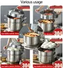 Collage of images showing a multi-tier stainless steel steamer pot being used for various cooking purposes, including steaming buns, cooking chicken, and stewing food. Text overlays highlight features and material. Podgląd zdjęcia produktu