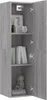 A tall, narrow, gray wood-grain cabinet with two doors, showing three shelves inside. The top shelf has decorative items, the middle shelf has books, and the bottom shelf has a small figurine. Produktbild-Vorschau