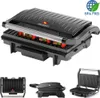 A collage of images showing a black electric grill in different positions and angles, with a close-up of food being grilled. Produktbild-Vorschau