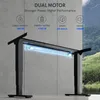 A desk frame with text overlays highlighting its features. Produktbild-Vorschau
