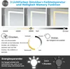 Collage of images and diagrams illustrating the features of an LED bathroom mirror, including light color options, dimming, and energy-saving functions. Produktbild-Vorschau