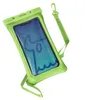 A green waterproof phone case with a phone inside, showing water droplets on the screen. Produktbild-Vorschau
