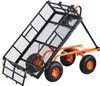 A garden cart with a black mesh bed tilted upwards, resting on an orange frame with four black tires. Produktbild-Vorschau