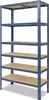 A blue metal shelving unit with wooden shelves against a white background. Podgląd zdjęcia produktu