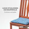 A close-up of a wooden chair with a blue cushion on it, with text overlay. Náhled obrázku produktu